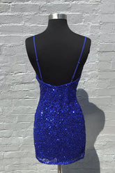 Sparkly Royal Blue Ruched Tight Short Sequins Homecoming Dress